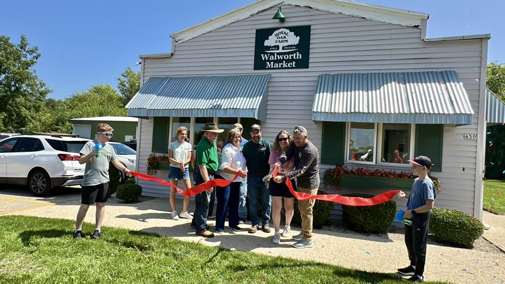 Ribbon cutting for the new Walworth store for the Royal Oak Farm Orchard in Harvard.