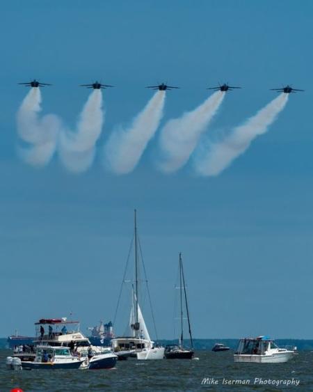 5 Blue Angels jets fly over teh Chesapeake Bay near Annapolis, MD