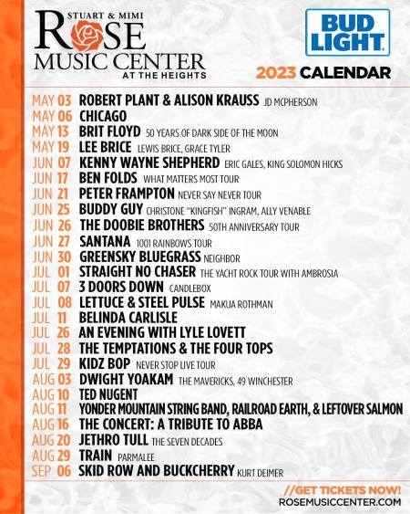 A graphic showing the full summer 2023 concert schedule for the Rose Music Center, which can also be found at RoseMusicCenter.com.