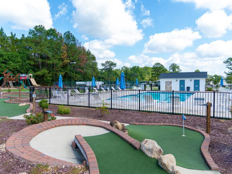 Raleigh Oaks RV Park putt-putt course and pool, located in Four Oaks, NC.
