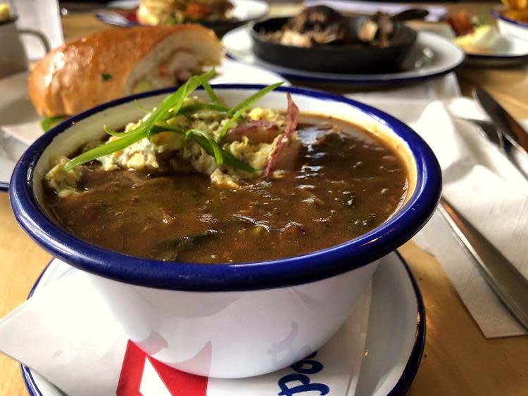 Mandeville's Hambone Restaurant serves a dark roux gumbo.