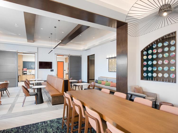 Modern Lobby with wood tones in new Smithfield Hampton Inn