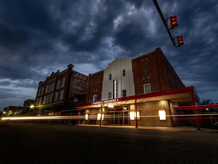 Historic Howell Theatre Exterior at Night time lapse with headlights