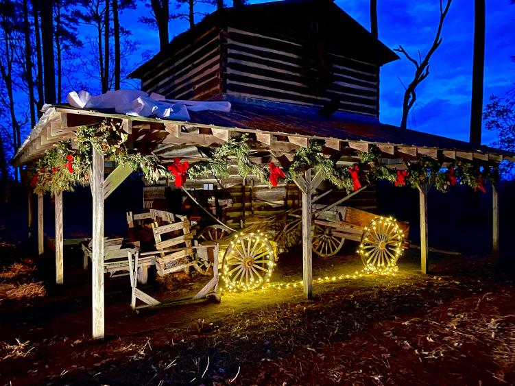 Old Barn and Wagon Decorated with Ribbon and Lights