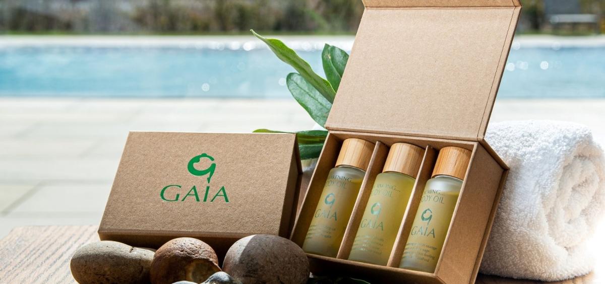 Gaia spa products in front of the pool at the Hurricane Spa and Terrace, Silverlake