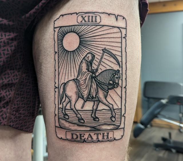 Woodcut style tarot card tattoo