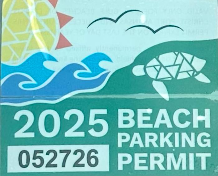 2025 Beach Parking Permit, it is a blue green color with a sun wave and turtle on the sticker. It states the year 2025.