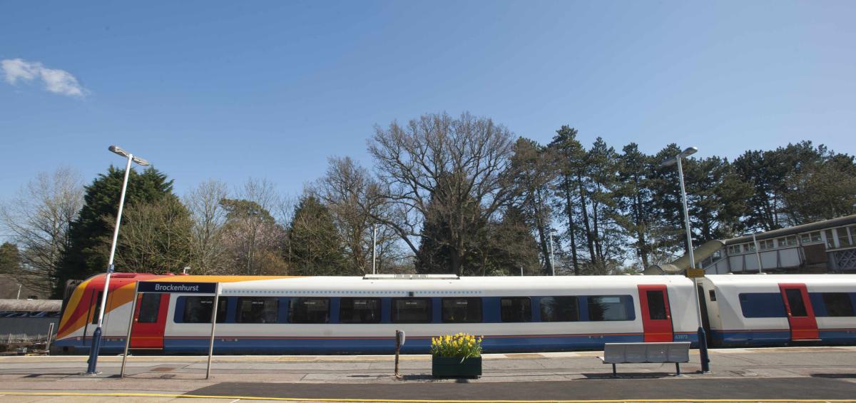 Train at Brockenhurst train station in the New Forest
