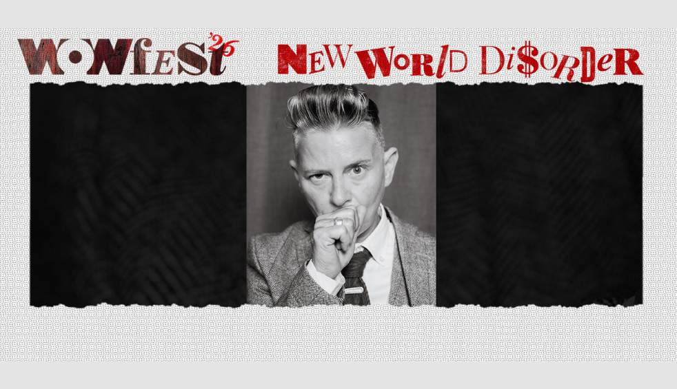 A black and white photo of a person wearing a suit on a black background. It says 'Wowfest26 New World Disorder' across the top.