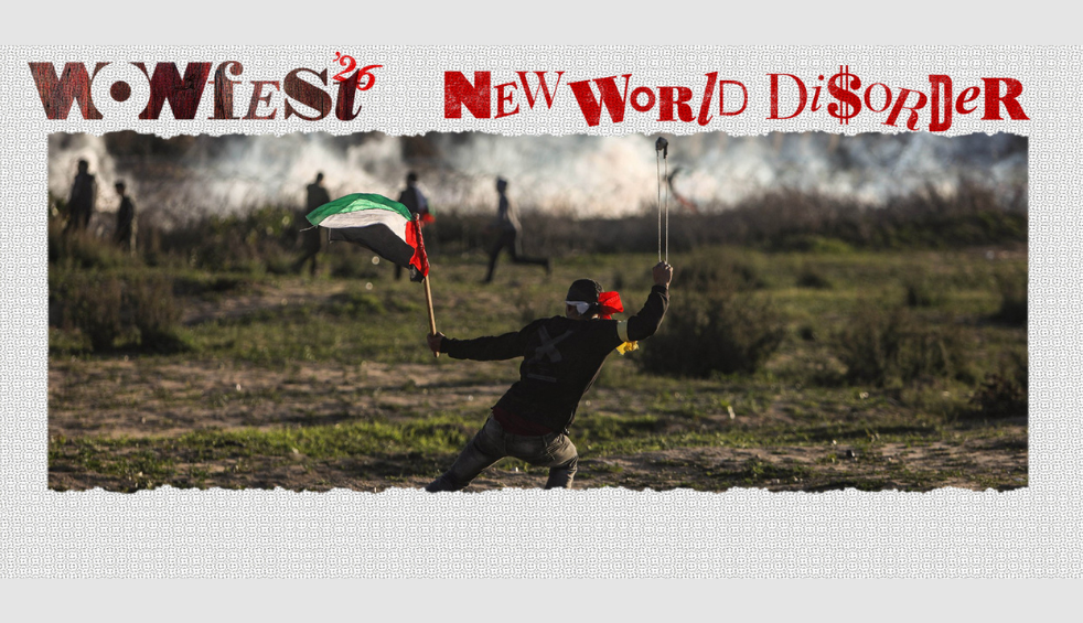 A photo of a field with a person holding a Palestine flag. The text above says 'Wowfest26 New World Disorder'