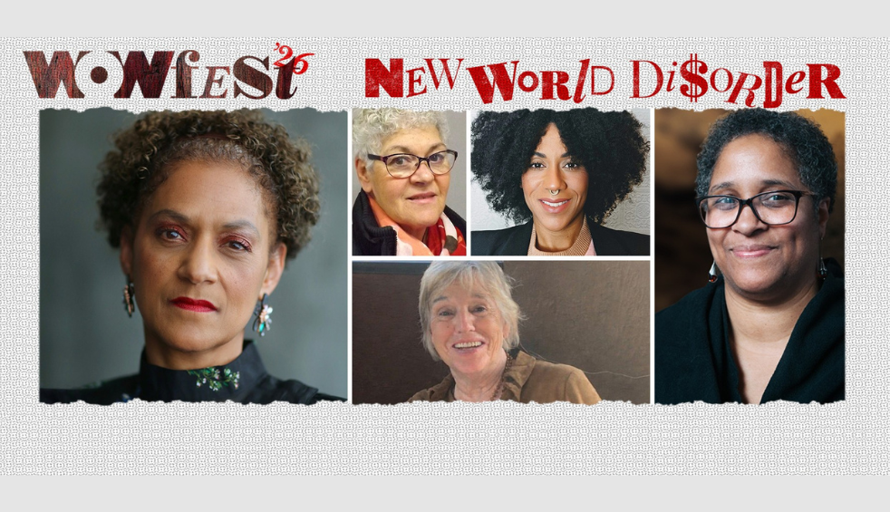 Five photos of people in a collage on a grey background. It says Wowfest26 New World Disorder at the top.