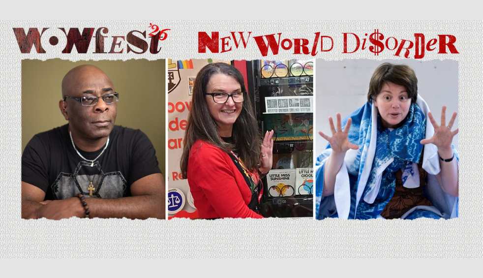 Three photos of people in a row. The background is grey and it says Wowfest New World Disorder at the top.