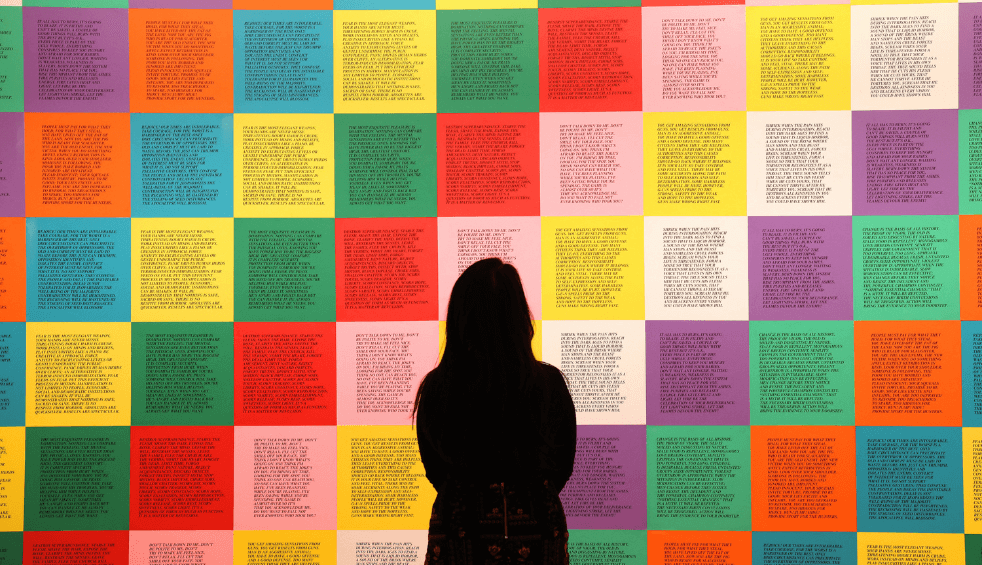 A lady stands inside Tate Liverpool with her back to the camera looking at a colourful wall