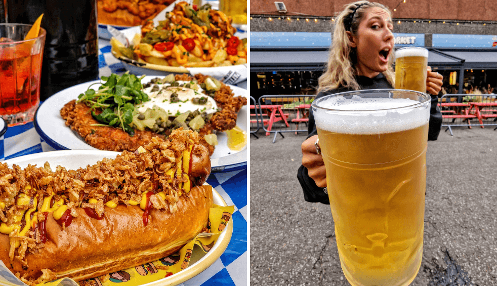 Two images of food from the baltic market including a hot dog and a person holding a large glass of beer.