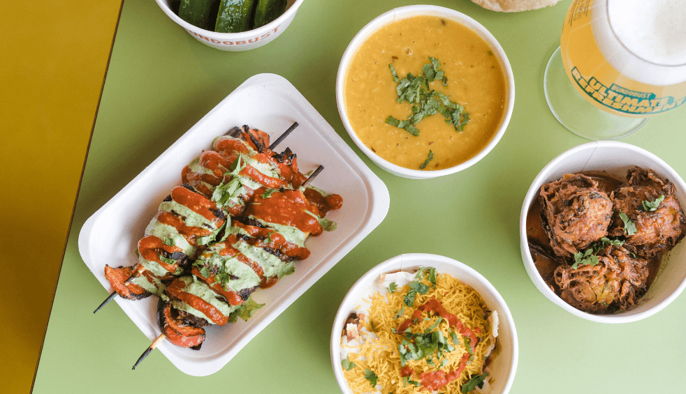 A birds eye view of a selection of dishes from Bundobust.