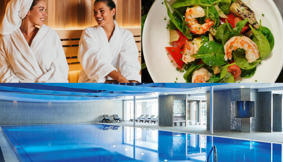 3 images - 2 ladies in a suana, a shrimp salad and a swimming pool