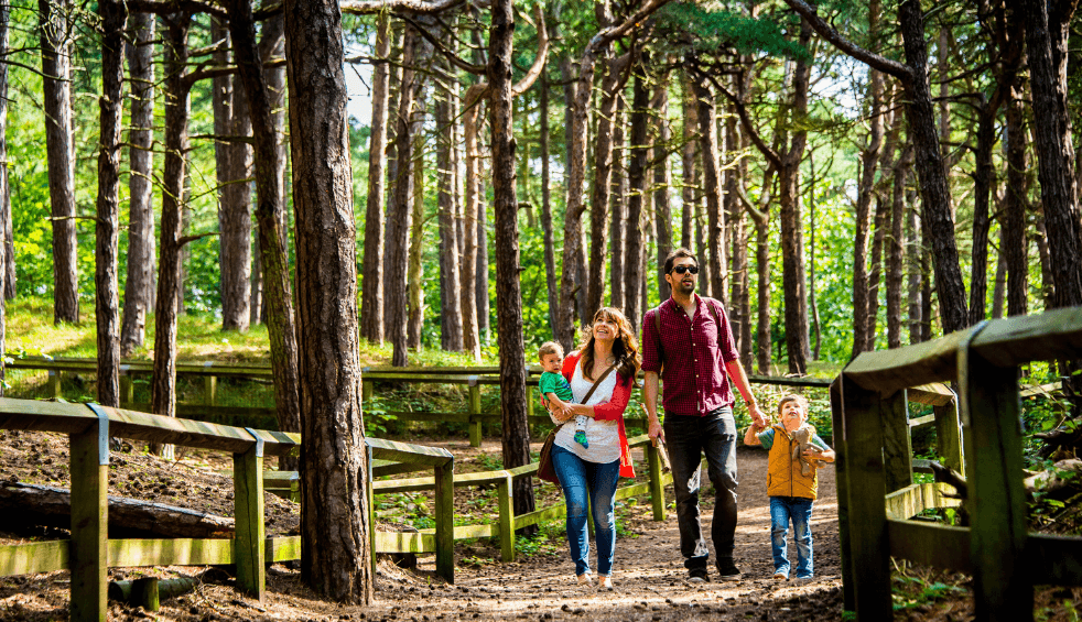 A family walking through a wooded area.