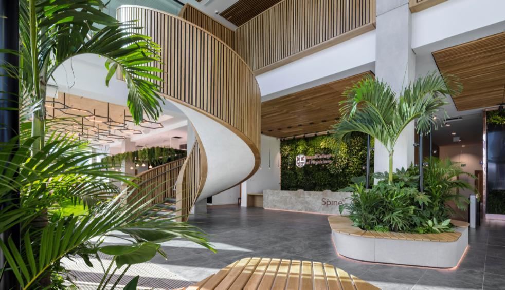 The entrance to Spaces at The Spine with several plants, wooden stair railings and white walls.