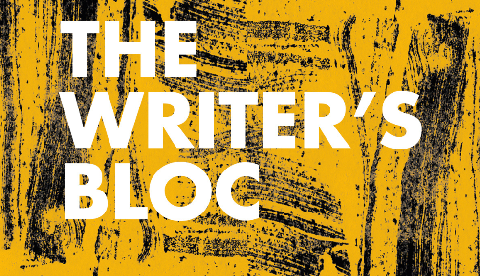 A yellow background with black streaks that says 'The Writer's Bloc' in white text.