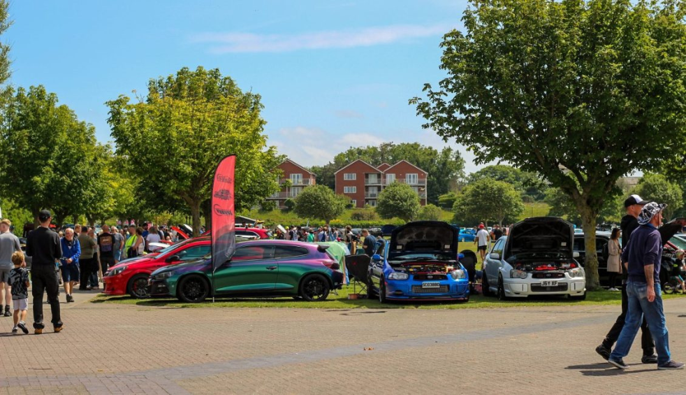 A lively outdoor car meet in a park with several colourful cars parked in a row, some with bonnets open. A crowd gathers around under green trees, with houses visible in the background on a bright, sunny day.