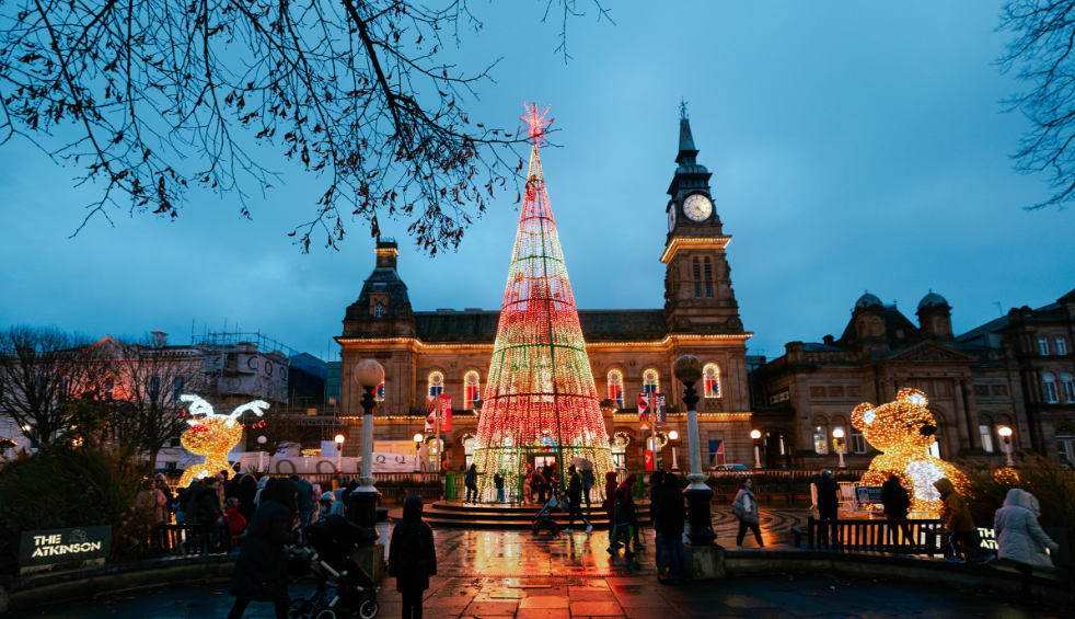 A big Christmas tree lit up outside the Atkinson in Southport