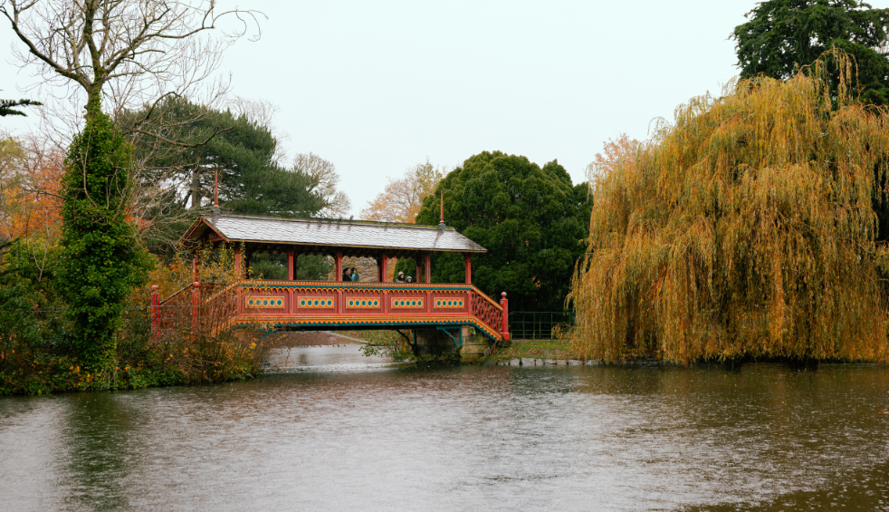 A bridge in Birkenhead Park across a pond.