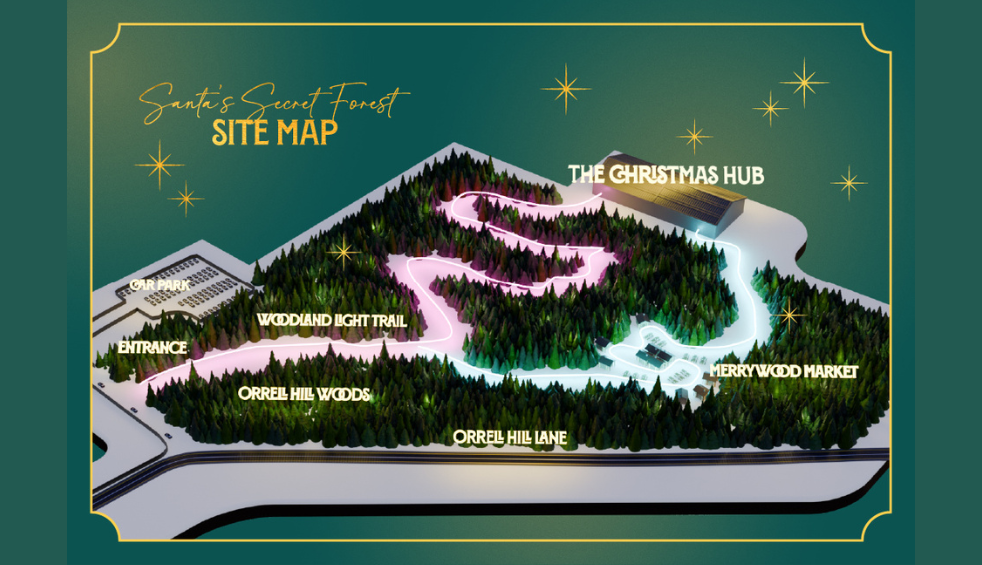 An illustrated map of a Christmas experience in a forest.