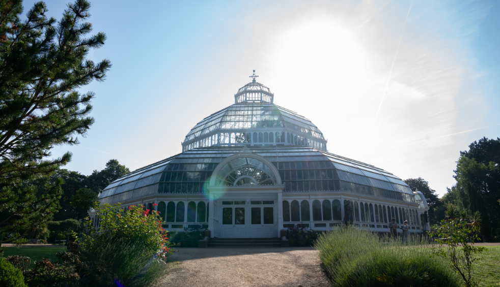 Outside of the Palm House which is a glass Victorian domed shaped house surrounded by grass and trees.