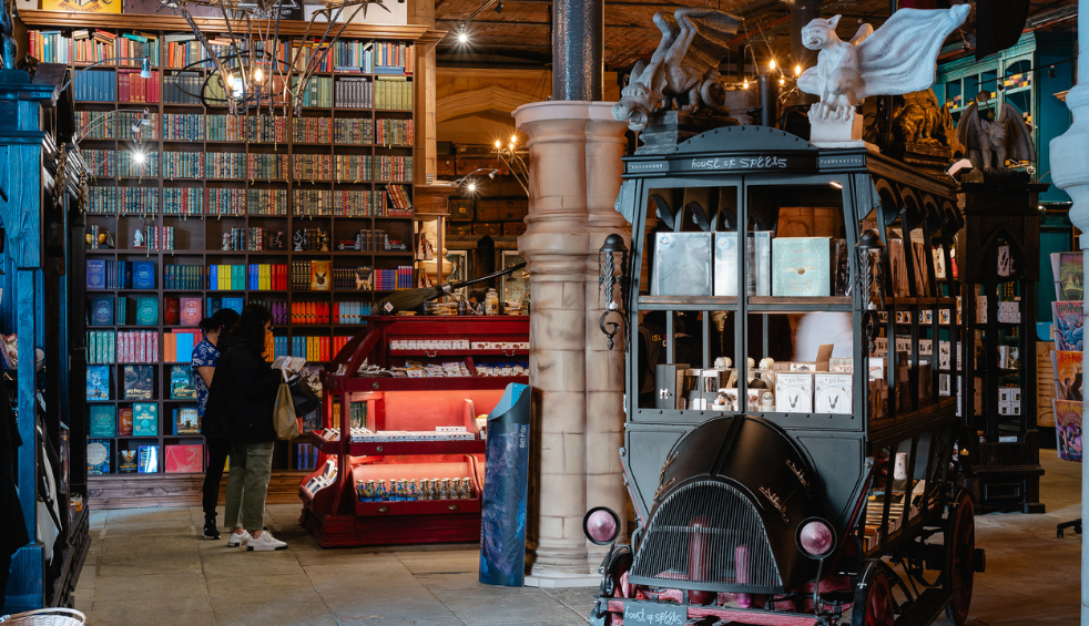 Inside a shop which is Harry Potter themed. There are large book cases, a stand that has statues on it and other magical items.