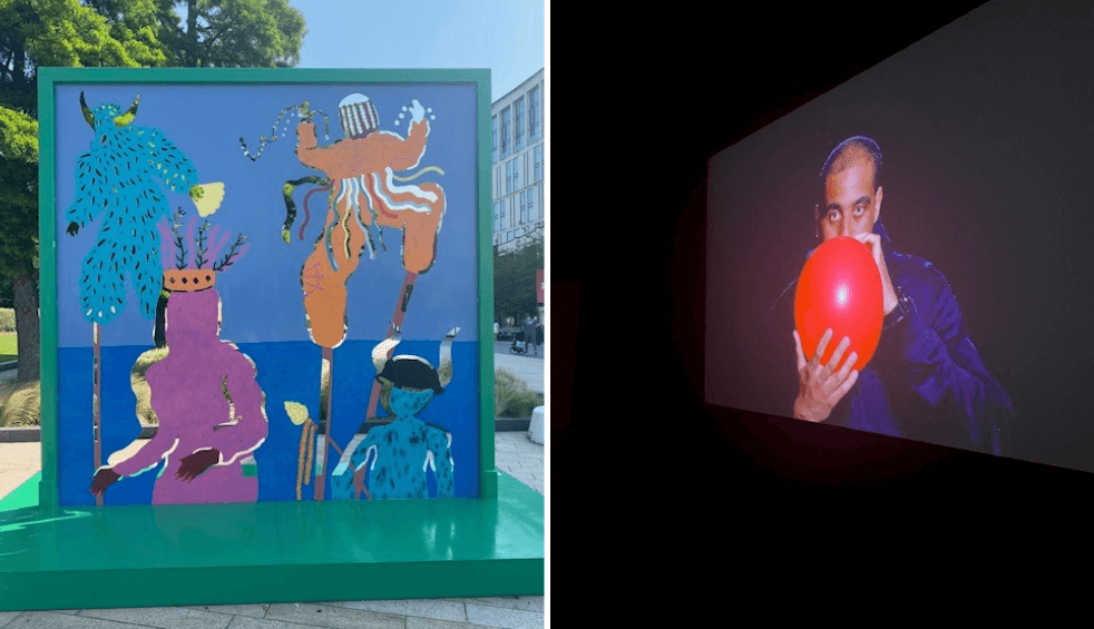 Two images of artworks, one of an outdoor installation and one of a piece of film art.