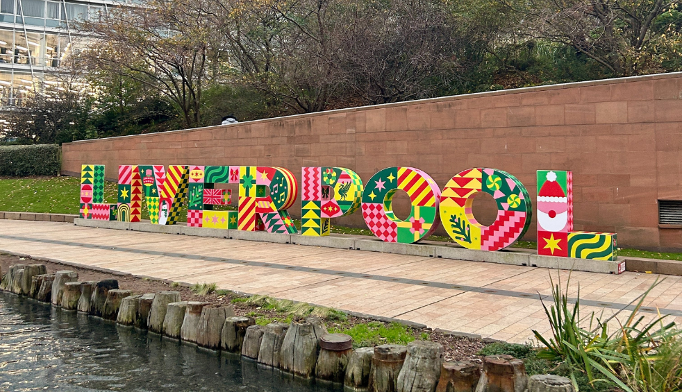A large liverpool sign with Christmas artwork featured on each letter.