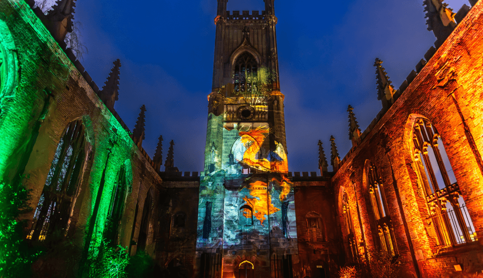 The bombed out church in Liverpool with projections inside the walls.