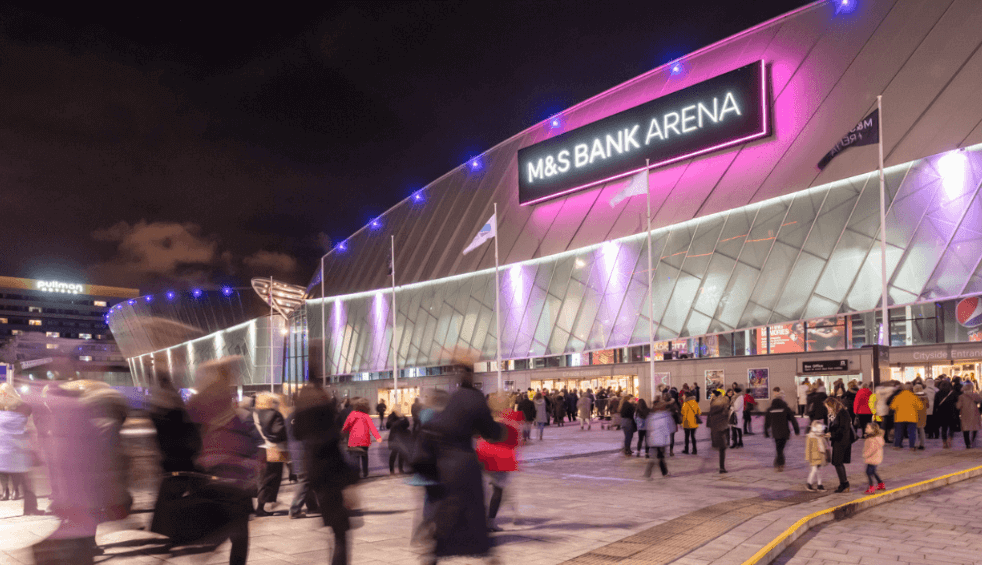 Outside of M&S Bank Arena with people queuing