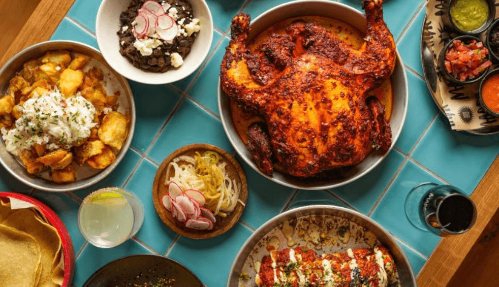 A table with plates of food on from the top down.