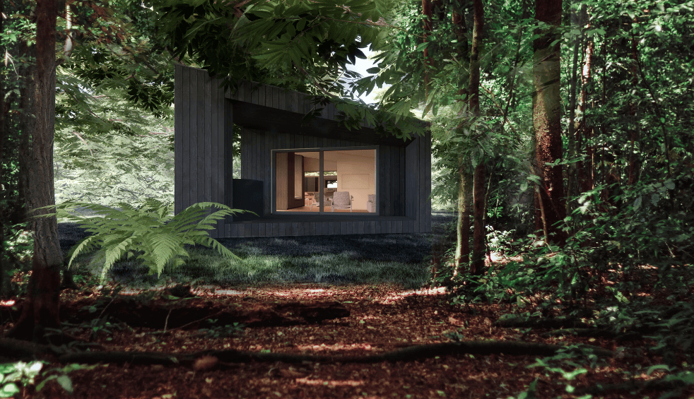 A modern wood cabin in the middle of the woods at Moor Hall.