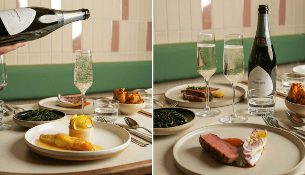 Two images one with someone pouring champagne into a glass with a plate of food in front of it. One with a piece of meat on a plate with two champagne glasses in the background.