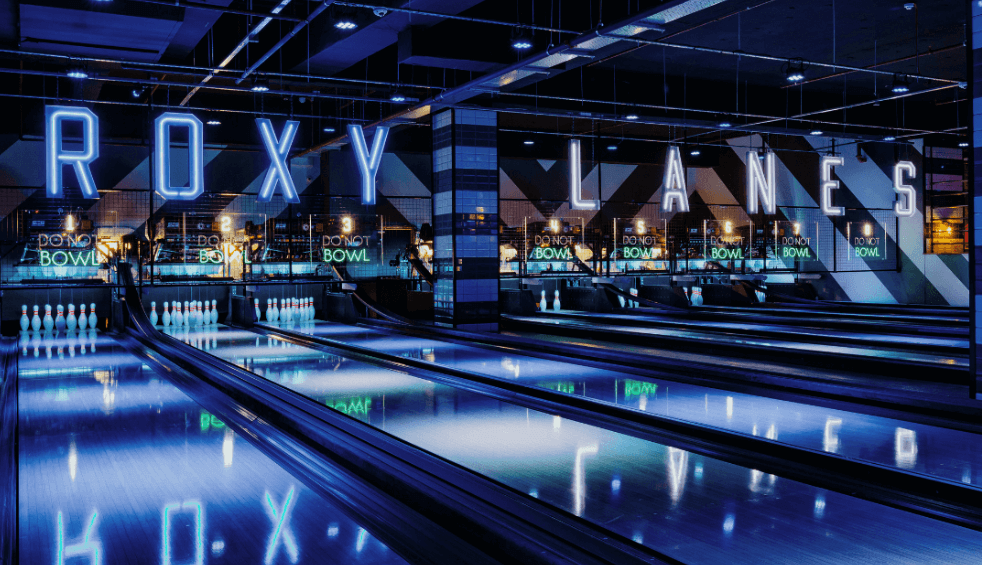 Inside Roxy Ball room with bowling lanes.