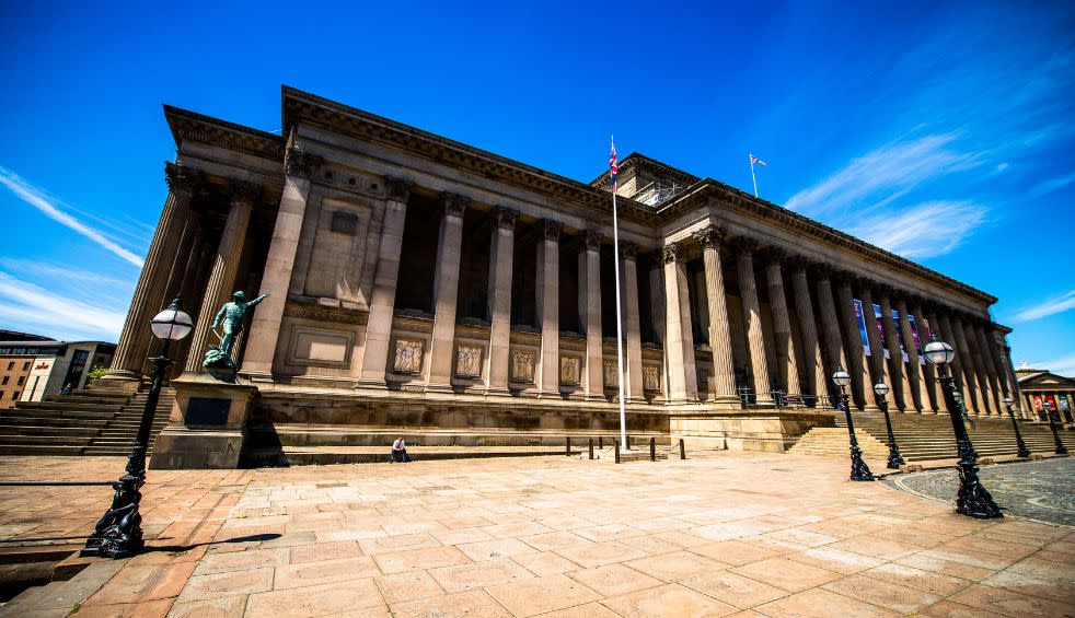 The exterior of St George's Hall on a sunny day.