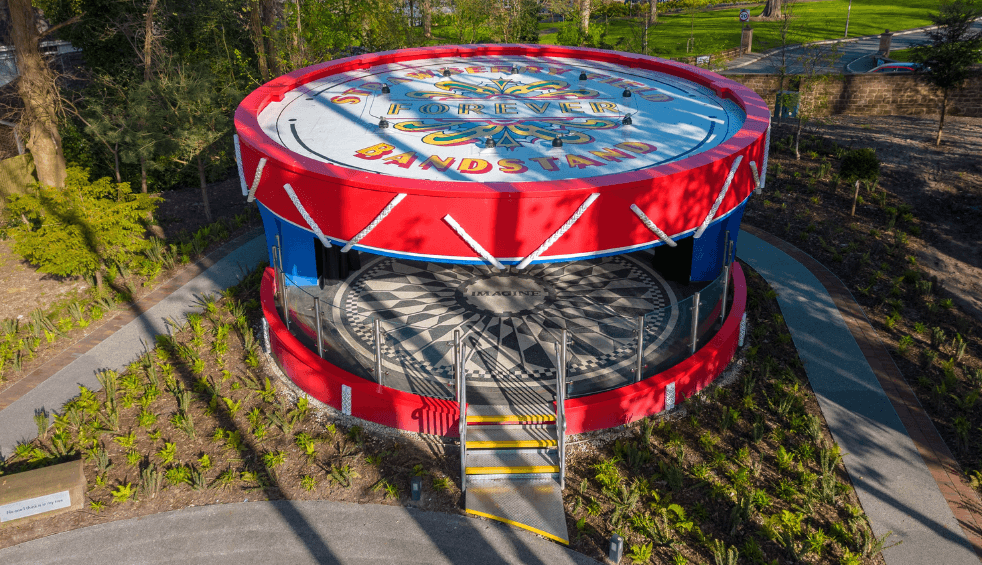 A band stand at Strawberry Field in the shape of a large drum.