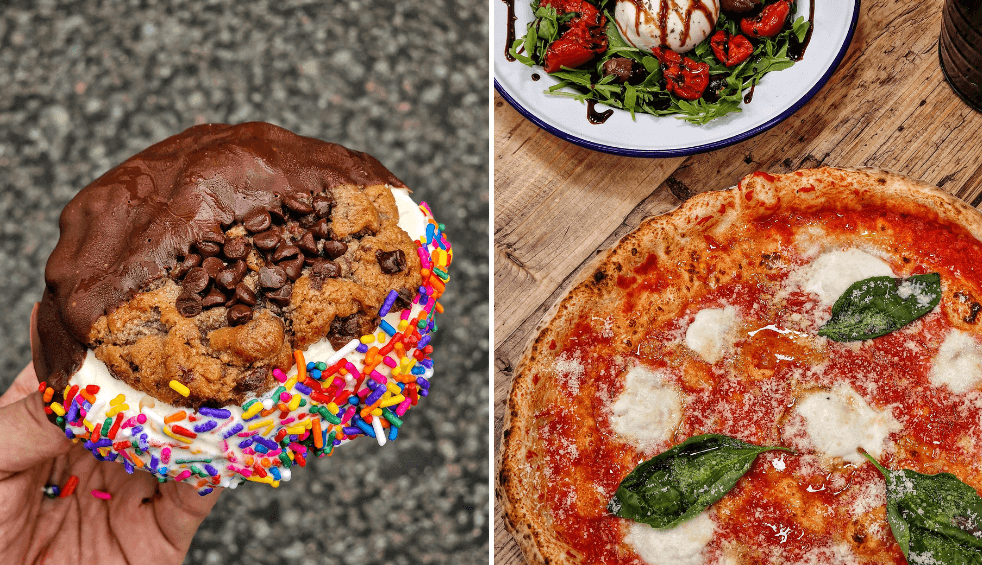 Two image one of a large cookie with chocolate and covered in sprinkles another of a plain pizza and a salad.