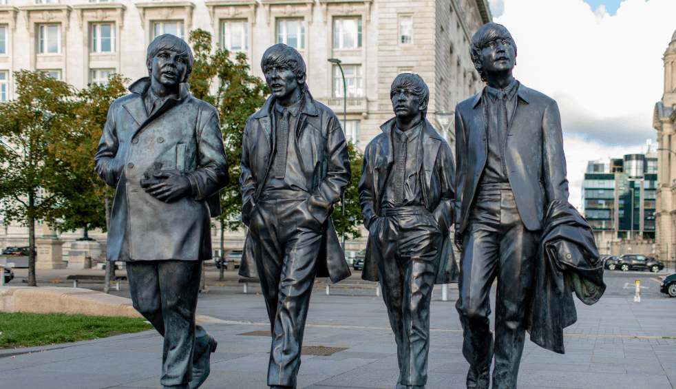 A larger than life bronze statue of The Beatles on Liverpool's Pier Head.