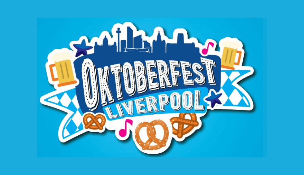 Oktoberfest graphic with the logo on a blue background.