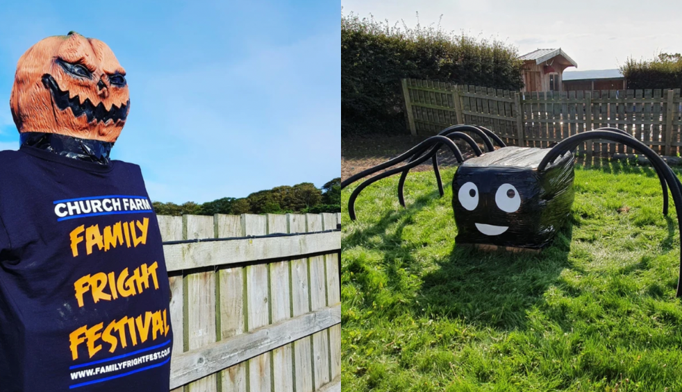 A scarecrow with a scary pumpkin mask and a giant spider with googly eyes made from farm items
