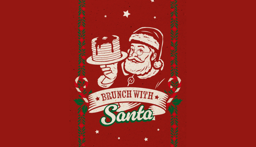 Red cartoon Santa holding a stack of pancakes