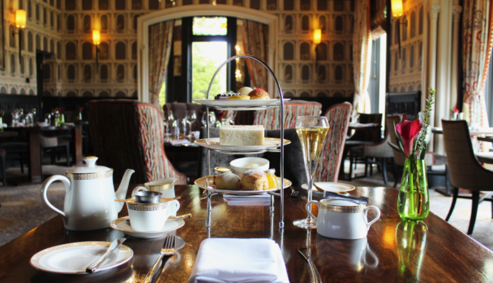 Afternoon tea at Thornton Hall including cakes and champagne