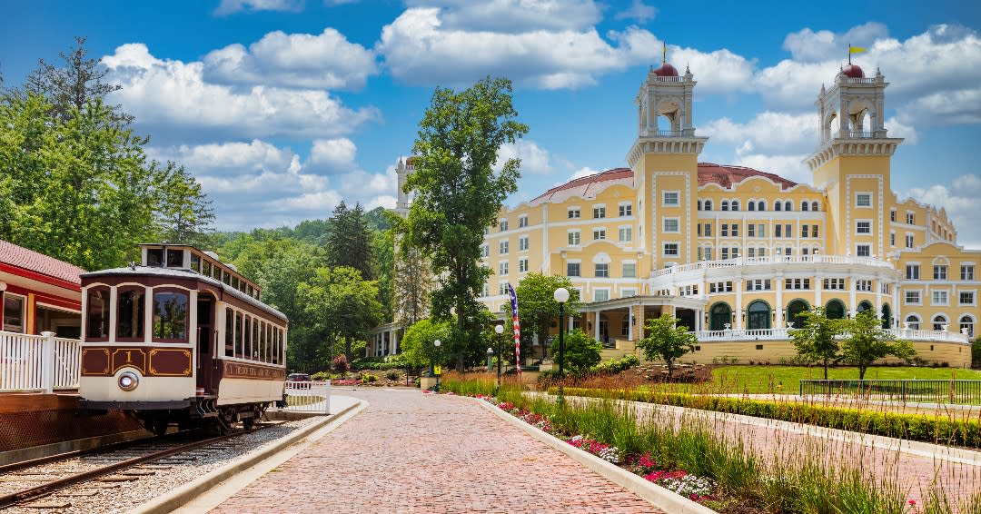 West Baden Springs Hotel exterior with Trolley