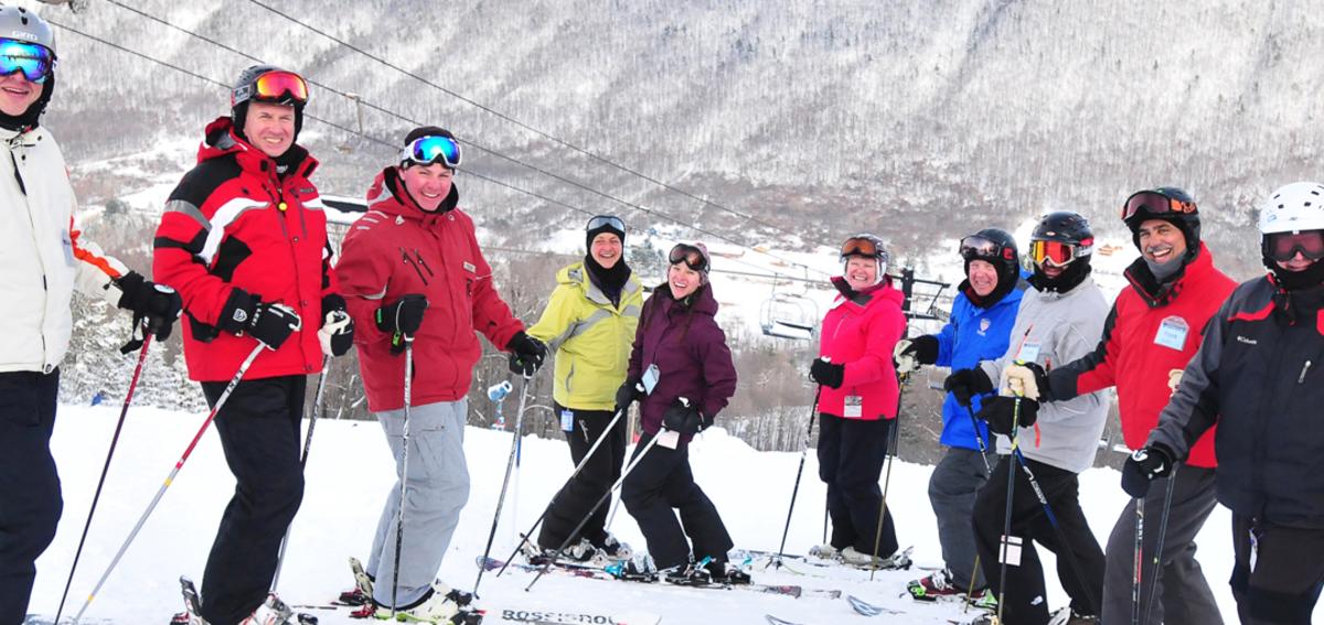 A group skiing at Bristol Mountain