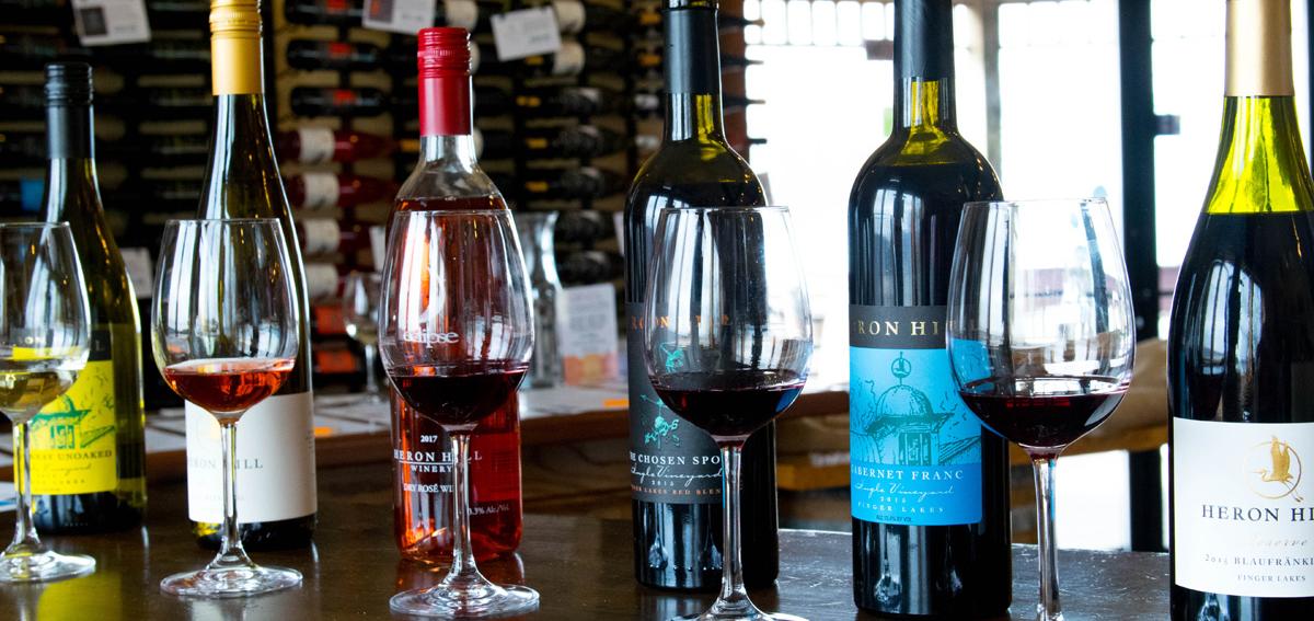 A flight of red wine at Heron Hill Winery