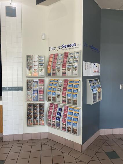 colorful brochures hanging on white and blue walls