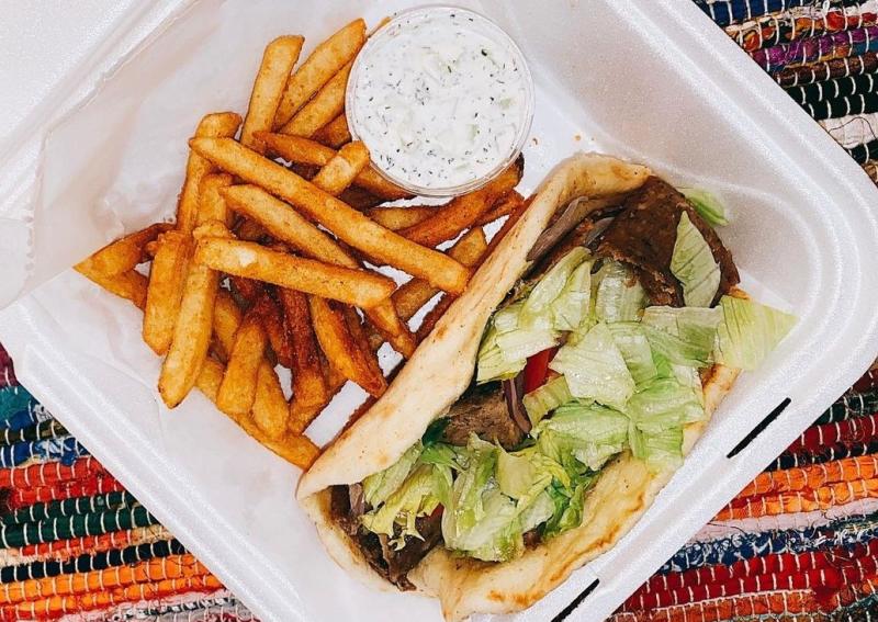 Pita sandwich and fries from Btown Gyros In Bloomington, IN